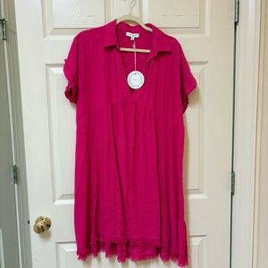 Umgee Hot Pink Frayed Hem Mini Dress XL NWT